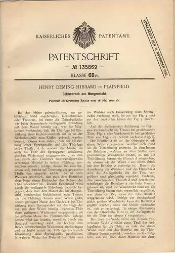 Original Patentschrift - Geldschrank , Tresor aus Mangastahl , 1900 , H. Hibbard in Plainfield , Safe !!!