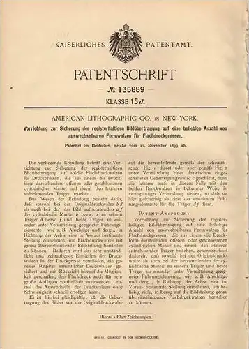 Original Patentschrift - American Lithographic Co. in New York , 1899 , Bildübertragung auf Flachdruckpressen !!!