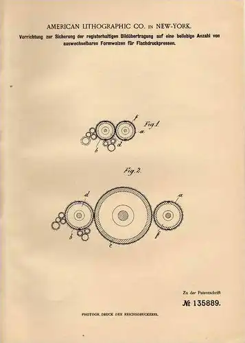 Original Patentschrift - American Lithographic Co. in New York , 1899 , Bildübertragung auf Flachdruckpressen !!!