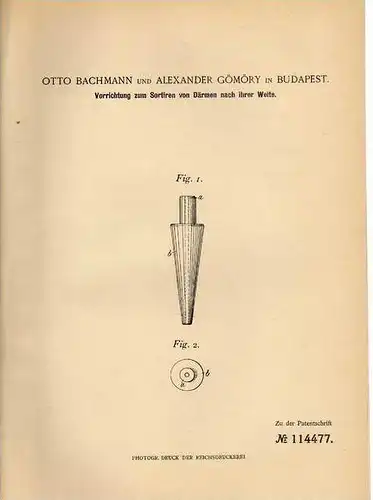 Original Patentschrift - A. Gömöry in Budapest , 1900, Sortierung von Darm , Fleischerei , Fleischer !!!