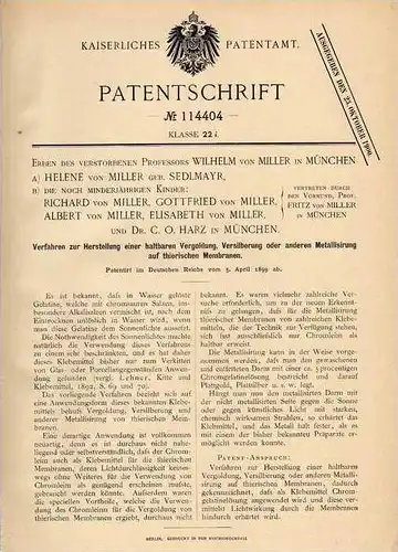 Original Patentschrift - Erben des Prof. von Miller in München , 1899 , Vergoldung auf thierischen Membranen , Gold !!!