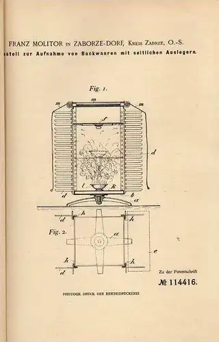 Original Patentschrift - F. Molitor in Zaborze , Kr. Zabrze , 1899, Schaufenster Gestell für Bäckerei , Bäcker , Reklame