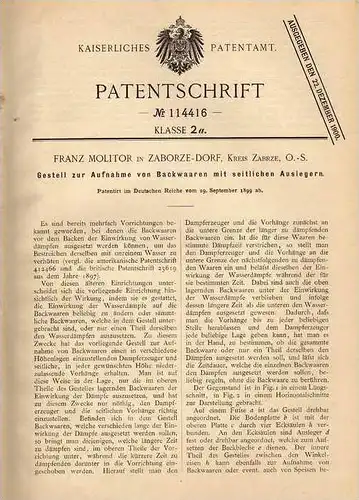 Original Patentschrift - F. Molitor in Zaborze , Kr. Zabrze , 1899, Schaufenster Gestell für Bäckerei , Bäcker , Reklame