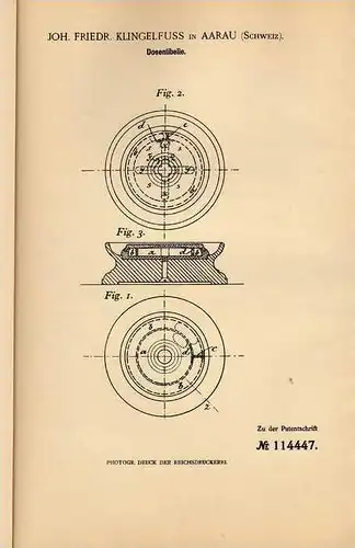 Original Patentschrift - J. Klingelfuss in Aarau , 1899 , Dosenlibelle , Wasserwaage !!!