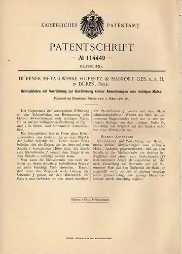 Original Patentschrift - Metallwerke in Düren , 1900 , Meßlehre , Schraublehre , Meßinstrument !!!