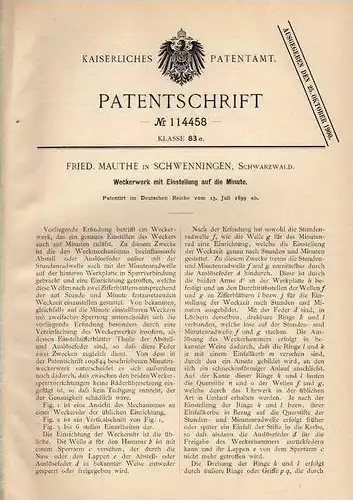 Original Patentschrift - F. Mauthe in Schwenningen , 1899 , Weckerwerk mit Minuteneinstellung , Uhr , Wecker !!!