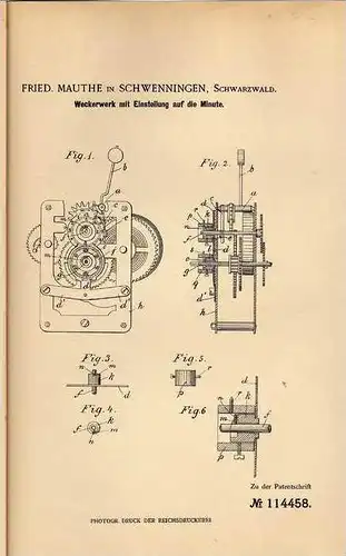 Original Patentschrift - F. Mauthe in Schwenningen , 1899 , Weckerwerk mit Minuteneinstellung , Uhr , Wecker !!!