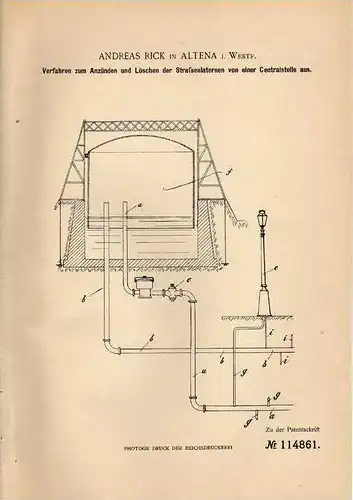 Original Patentschrift - A. Rick in Altena i. Westf., 1900 , Straßenlaternen , Anzünden und Löschen , Straßenlampe !!!