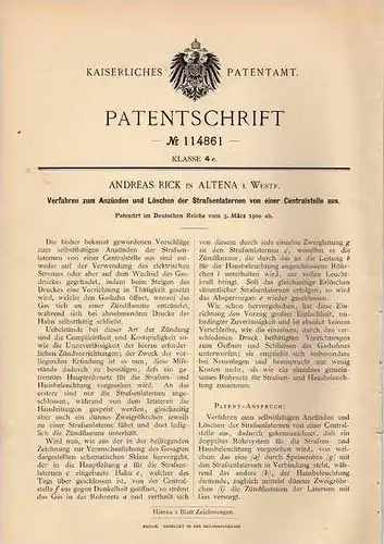 Original Patentschrift - A. Rick in Altena i. Westf., 1900 , Straßenlaternen , Anzünden und Löschen , Straßenlampe !!!