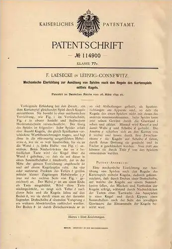 Original Patentschrift - F. Laesecke in Leipzig - Connewitz , 1899 , Kugel - Kartenspiel , Kugeln , Karten  !!!