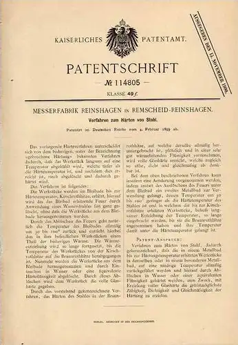 Original Patentschrift - Messerfabrik in Remscheid - Reinshagen , 1899 , Härten von Stahl !!!