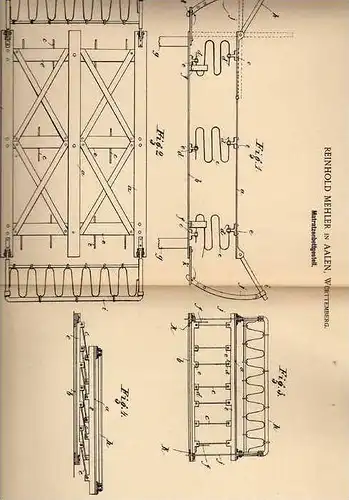Original Patentschrift - R. Mehler in Aalen , Württemberg , 1898 , Bettgestell für Matratze , Bett !!!