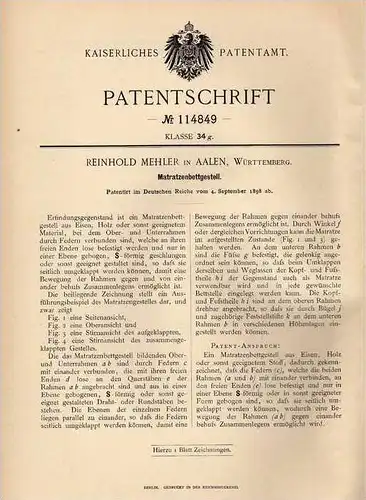 Original Patentschrift - R. Mehler in Aalen , Württemberg , 1898 , Bettgestell für Matratze , Bett !!!