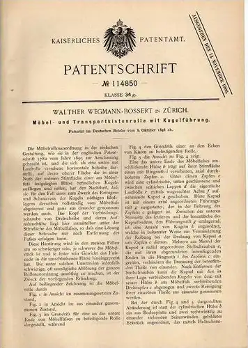 Original Patentschrift - W. Wegmann - Bossert in Zürich , 1898 , Möbel - und Transportkistenrolle !!!