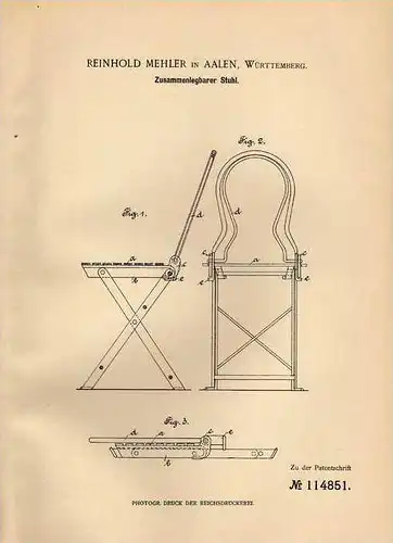 Original Patentschrift - R. Mehler in Aalen , Württemberg , 1899 , zusammenlegbarer Stuhl !!!