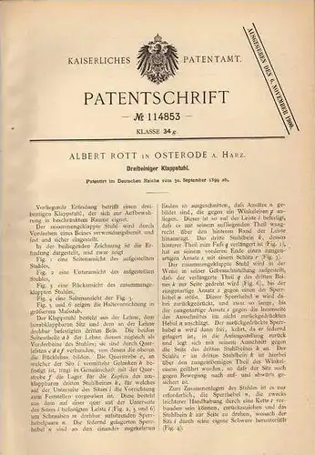 Original Patentschrift - A. Rott in Osterode a. Harz , 1899 , Dreibeiniger Klappstuhl , Stuhl !!!
