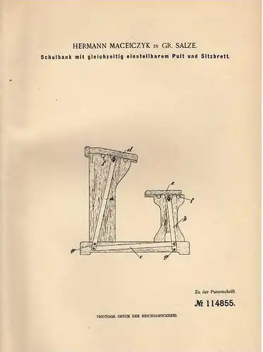 Original Patentschrift - H. Maceiczyk in Gr. Salze , 1899 , Schulbank , Schule !!!