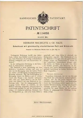 Original Patentschrift - H. Maceiczyk in Gr. Salze , 1899 , Schulbank , Schule !!!