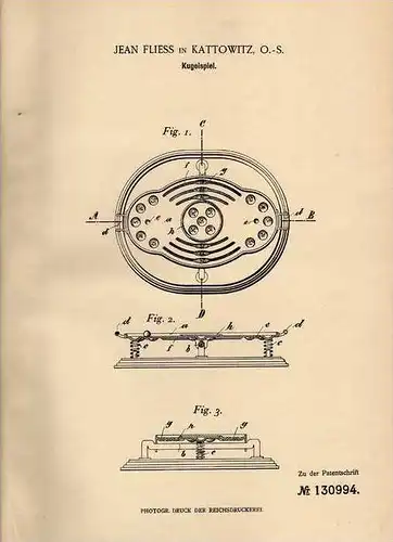 Original Patentschrift - J. Fliess in Kattowitz , 1901 , Kugelspiel , Spiel !!!
