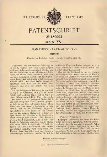 Original Patentschrift - J. Fliess in Kattowitz , 1901 , Kugelspiel , Spiel !!!