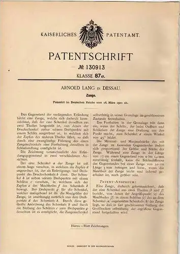 Original Patentschrift - A. Lang in Dessau , 1901 , Zange , Werkzeug , Schlosserei , Werkstatt !!!