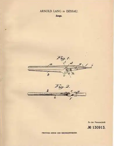 Original Patentschrift - A. Lang in Dessau , 1901 , Zange , Werkzeug , Schlosserei , Werkstatt !!!
