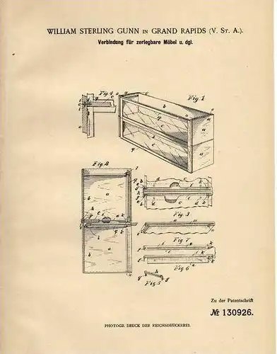 Original Patentschrift - W. Gunn in Grand Rapids , 1900 , Zelegbare Möbel , Schrank , Kommode  !!!