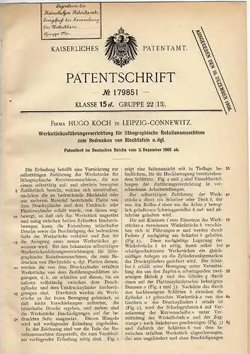 Original Patentschrift - Maschine für Lithographie , 1905 , Fa. Koch in Leipzig - Connewitz !!!
