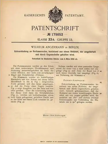 Original Patentschrift - Portemonnaie , 1906 ,  W. Angermann in Berlin , Geldbörse , Brieftasche !!!
