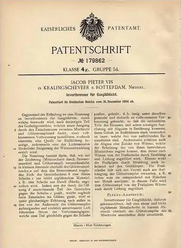 Original Patentschrift - J. Vis in Kralingscheveer b. Rotterdam , 1904 , Invertbrenner für Glasglühlicht , Lampe !!!
