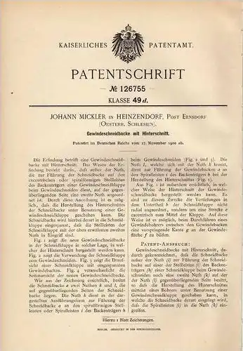 Original Patentschrift - J. Mickler in Heinzendorf , Post Ernsdorf , 1900 , Gewindeschneider , Schneidbacke , Gewinde !!