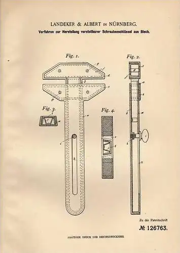 Original Patentschrift - Landeker & Albert in Nürnberg , 1900 , verstellbarer Schraubenschlüssel , Werkzeug !!!