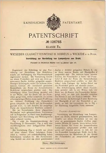 Original Patentschrift - Glashüttenwerk in Wickede a.d. Ruhr , 1901 , Lampenlyren , Lampe !!!