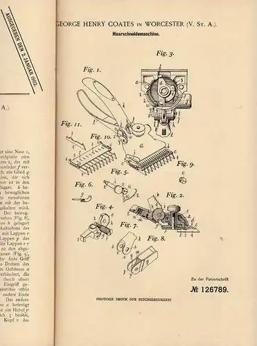 Original Patentschrift - Haarschneider , Friseur , 1900 , G. Coates in Worcester , USA , Frisör !!!