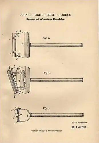 Original Patentschrift - J. Becker in Ohligs , 1901 , Rasierer , Rasierapparat , Barbier !!!