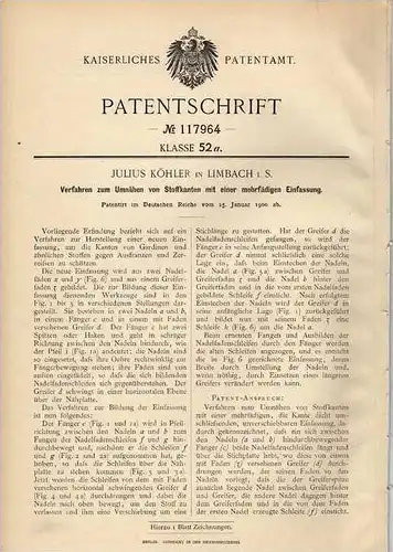 Original Patentschrift - J. Köhler in Limbach , 1900 , Umnähen von Stoffkanten , Näherei , Nähmaschine !!!