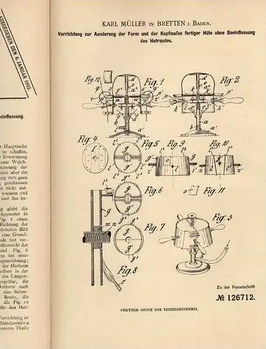 Original Patentschrift - K. Müller in Bretten i. Baden , 1901 , Apparat für Hüte , Hutmacher , Hut !!!