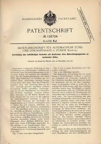 Original Patentschrift - Zünd- und Löschapparate AG in Zürich , 1900 , Zünd- und Löschapparat für Lampen !!!