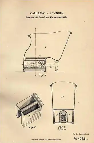 Original Patentschrift - C. Lang in Kitzingen , 1887 , Wanne für Dampfbad , Bad !!!