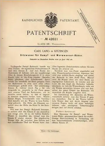 Original Patentschrift - C. Lang in Kitzingen , 1887 , Wanne für Dampfbad , Bad !!!