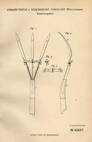 Original Patentschrift - J. Frech , 1887 , Schüttelgabel , Landwirtschaft , Bauer !!!