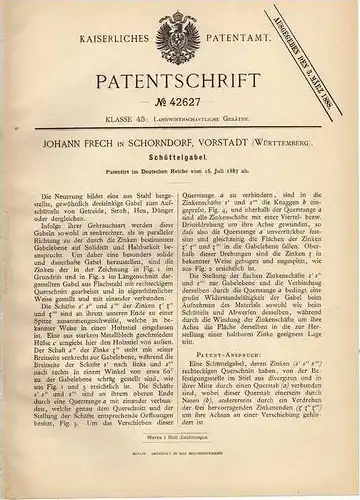 Original Patentschrift - J. Frech , 1887 , Schüttelgabel , Landwirtschaft , Bauer !!!