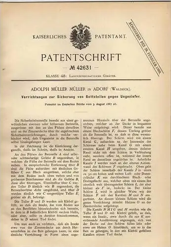 Original Patentschrift - A. Müller in Adorf - Waldeck , 1887 , Bettstellen gegen Ungeziefer , Bett !!!