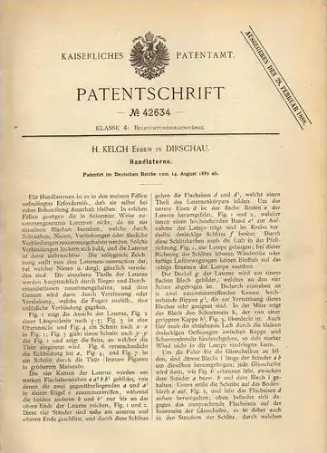 Original Patentschrift - H. Kelch in Dirschau , 1887 , Laterne , Handlaterne , Lampe !!!