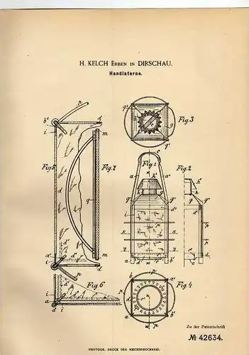 Original Patentschrift - H. Kelch in Dirschau , 1887 , Laterne , Handlaterne , Lampe !!!