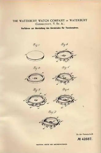 Original Patentschrift - Unruhrad für Taschenuhr , 1887 , Waterbury Watch Company , USA , Uhr !!!