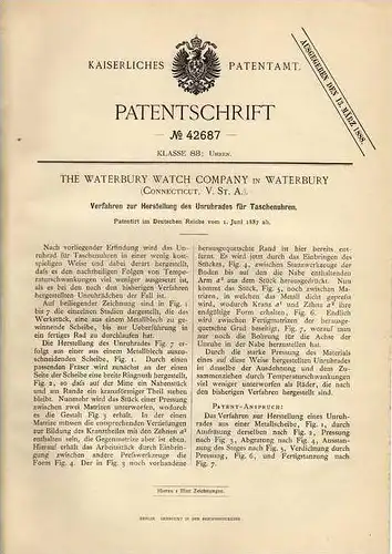 Original Patentschrift - Unruhrad für Taschenuhr , 1887 , Waterbury Watch Company , USA , Uhr !!!