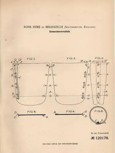 Original Patentschrift - R. Hime in Briarleigh , 1900 , Verschluß für Gamaschen , Suhe , Schuster !!!