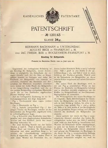 Original Patentschrift - J. Bär in Unterlindau und Bockenheim , 1900 , Beschlag für Bett , Bettgestell !!!