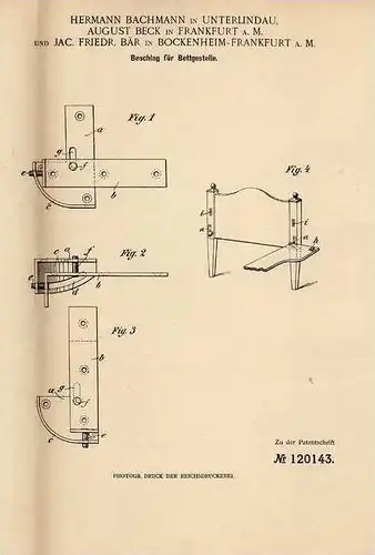 Original Patentschrift - J. Bär in Unterlindau und Bockenheim , 1900 , Beschlag für Bett , Bettgestell !!!